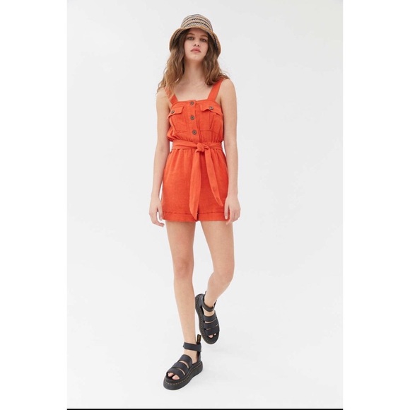 UO orange linen sleeveless button up romper - Picture 1 of 9